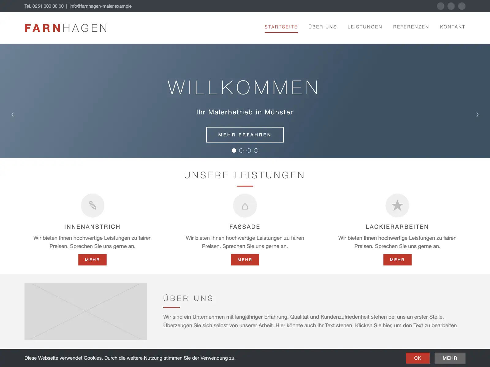 Nachgestellte, veraltete Webseite für Malerbetrieb Farnhagen im Baukasten-Stil (fiktiv)