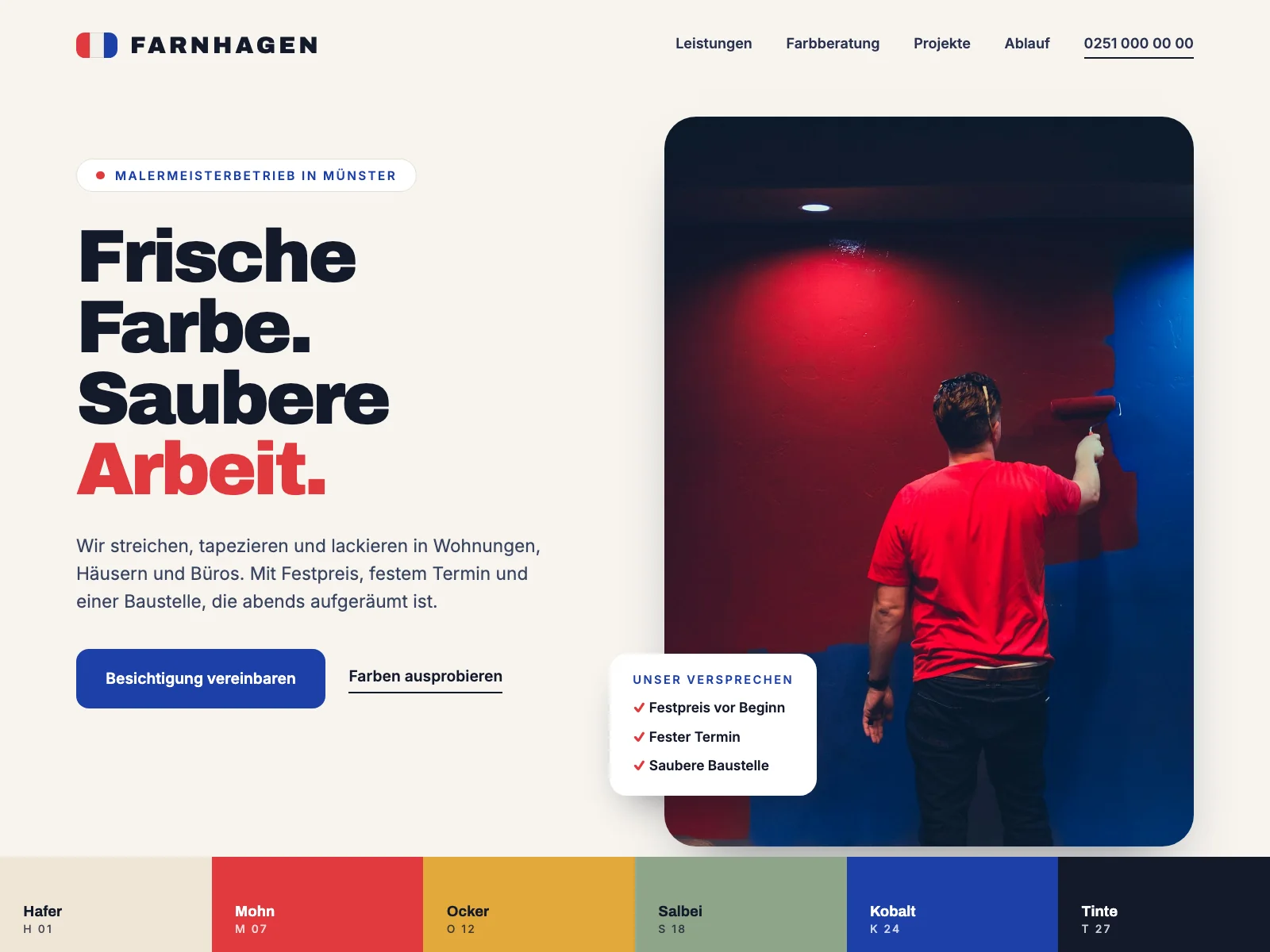 Demo-Projekt Malerbetrieb Farnhagen: klar gestaltete Startseite von novarae
