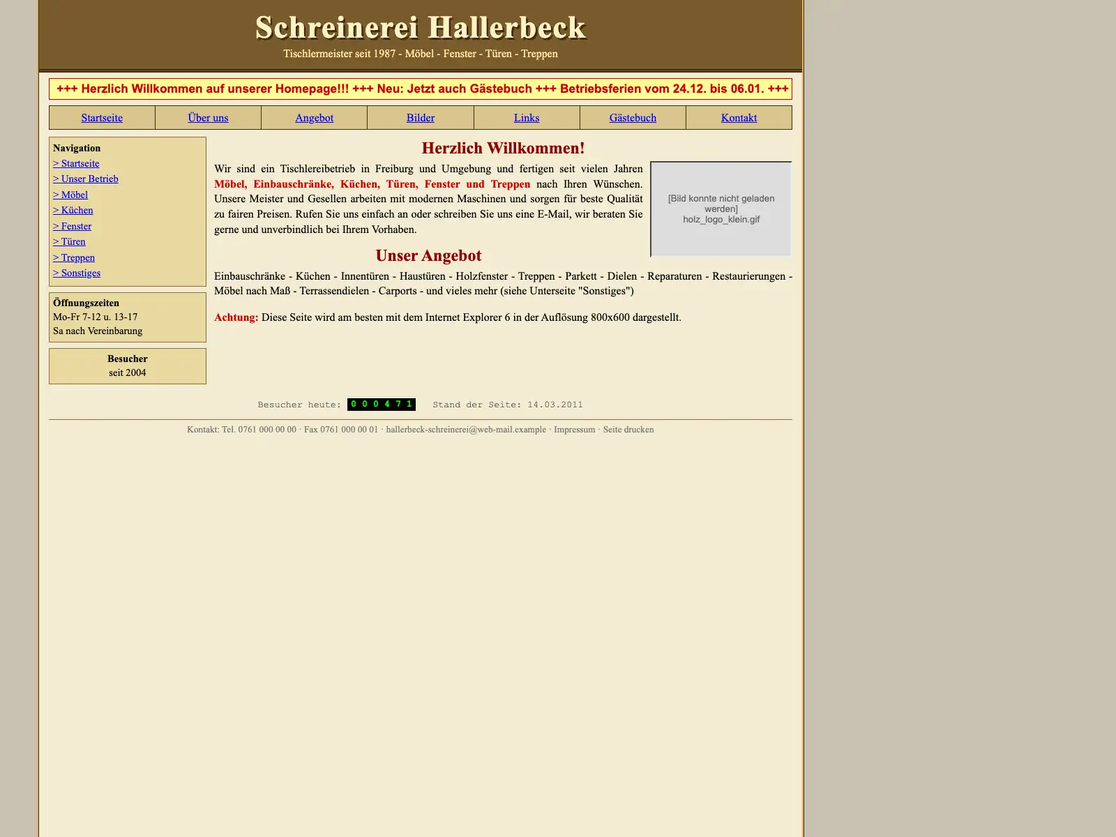 Nachgestellte, veraltete Webseite für Schreinerei Hallerbeck (fiktiv)