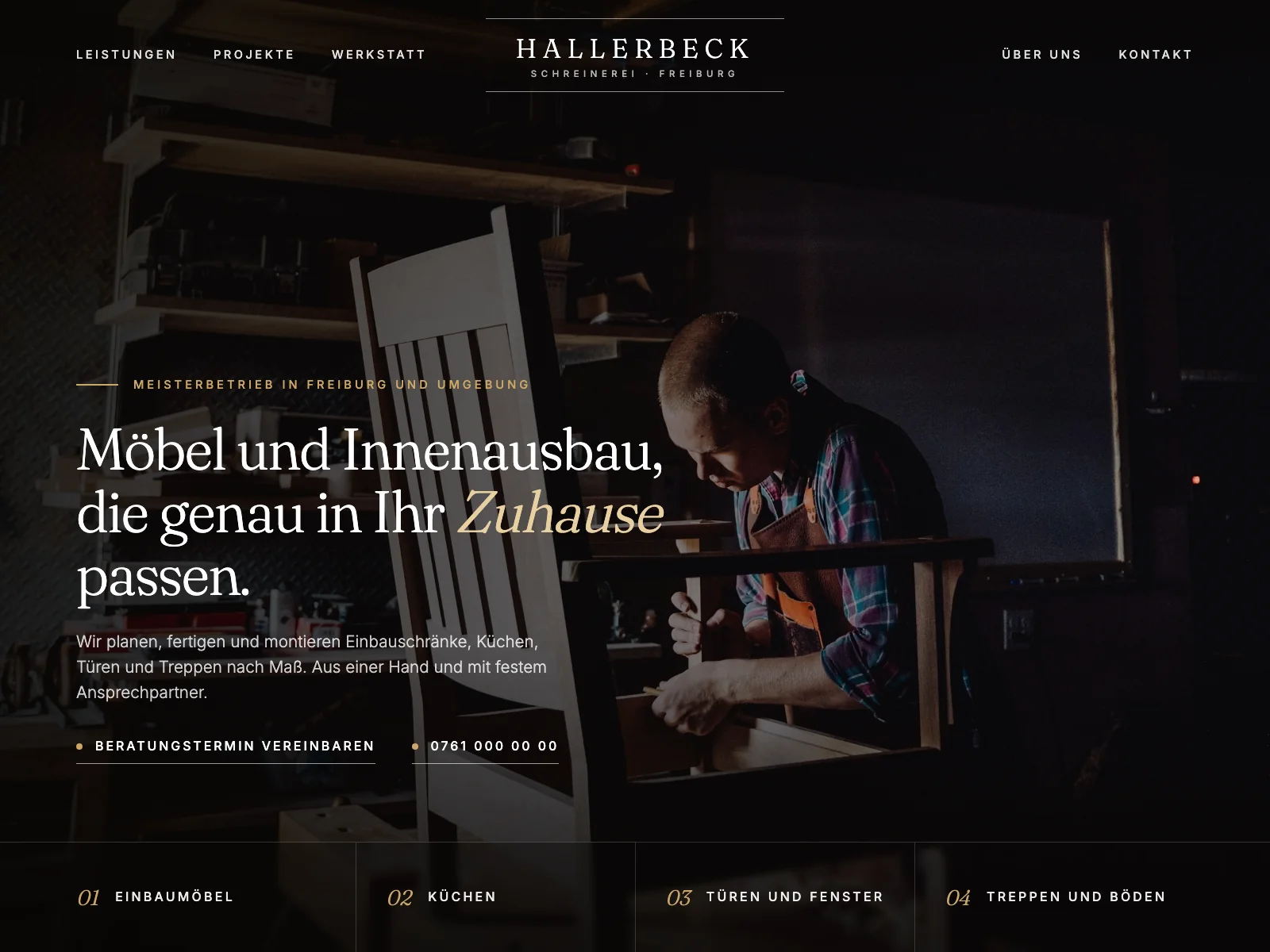 Demo-Projekt Schreinerei Hallerbeck: klar gestaltete Startseite von novarae